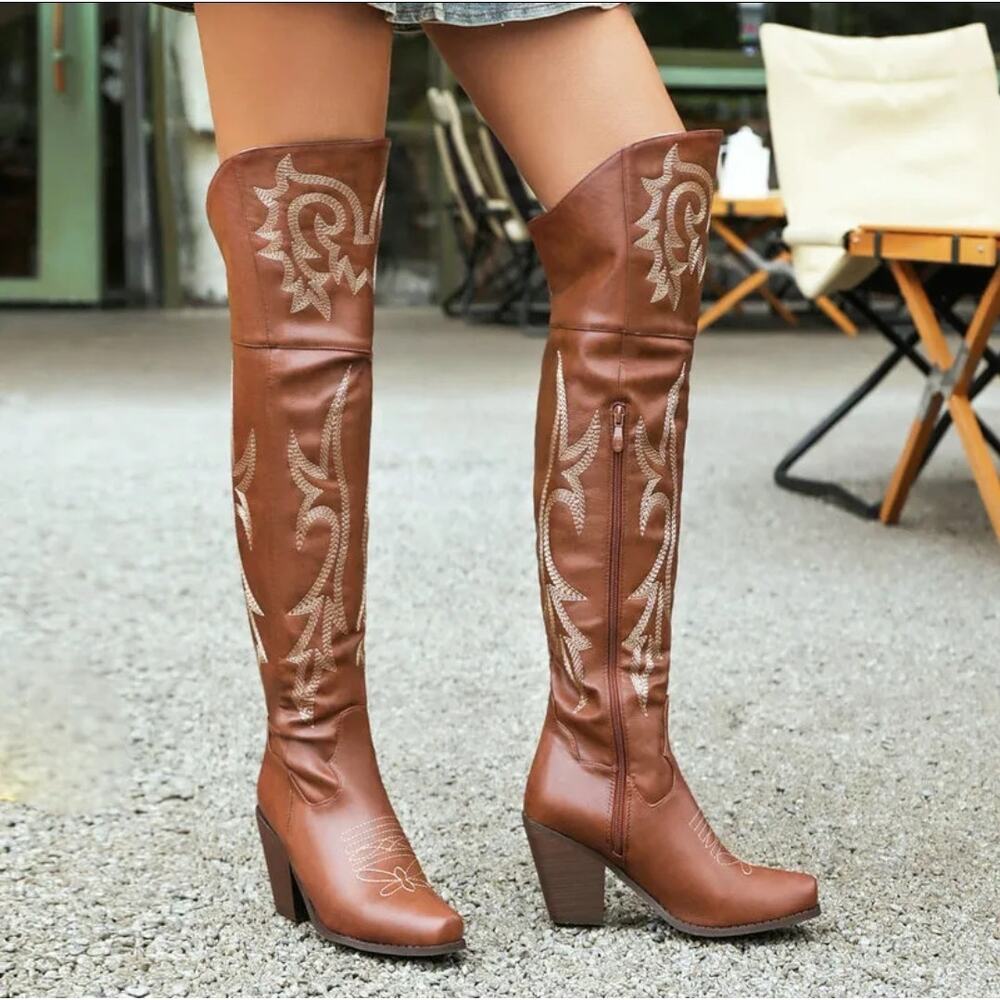 Women's Western Cowboy Square Toe Size US 8 EUR 39  Embroidered Over Knee Boots